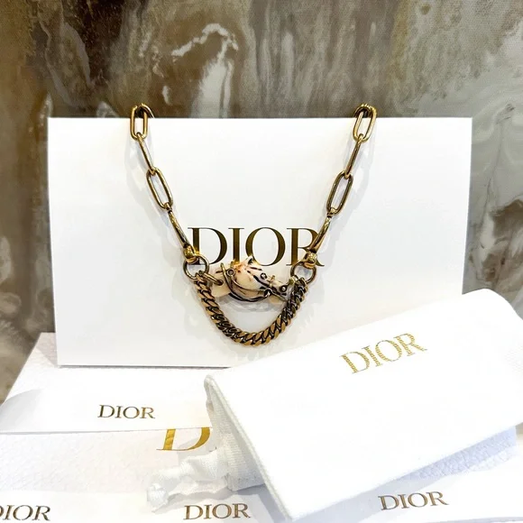 Christian DIOR Diorodeo Horse Chain Antiqued Gold Collar Necklace - Picture 9 of 9